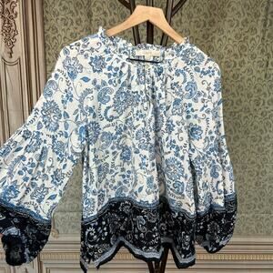 LOFT White and Blue Paisley Blouse